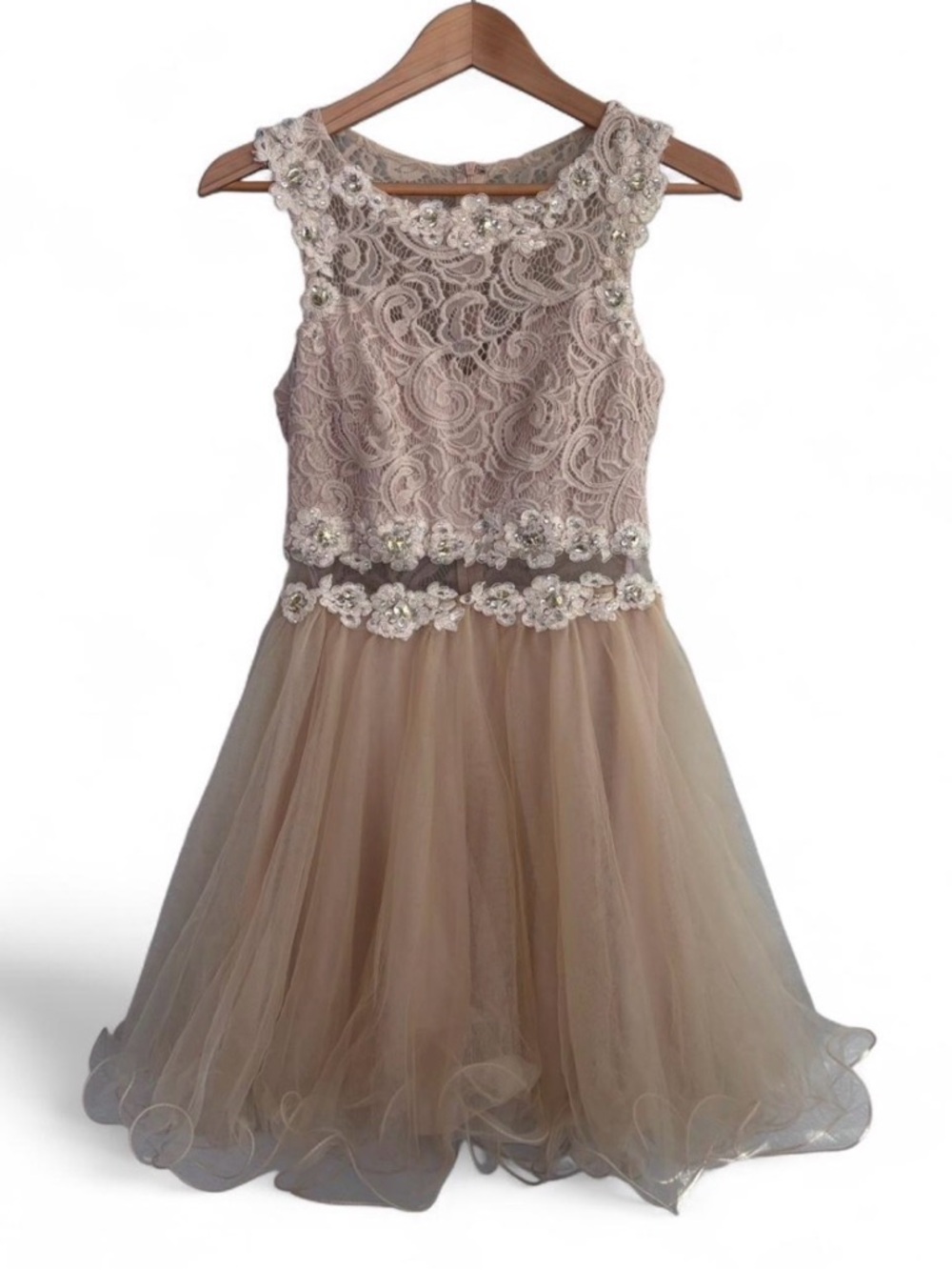 Dancing Queen Embellished Lace & Tulle Beaded Dress Taupe Size M
